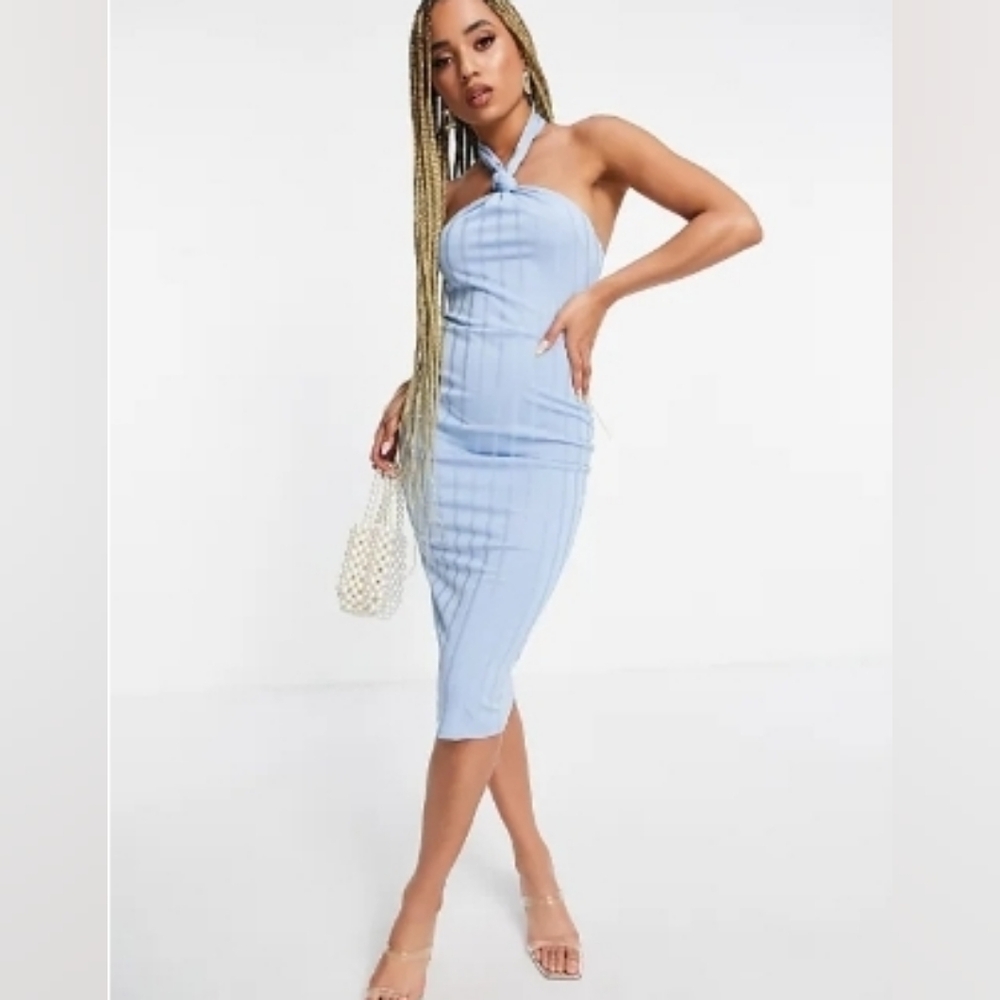 Rib knot detail corset midi dress in light blue